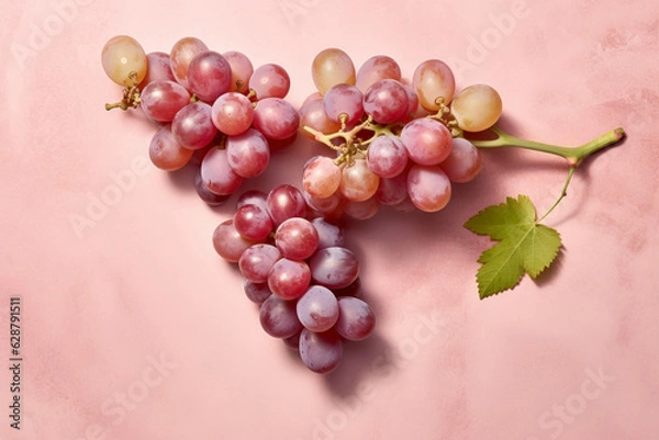 Fototapeta Top view of red grapes on pastel pink background