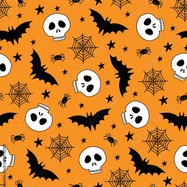 Fototapeta Halloween seamless pattern, hand drawn skull, bat, spider and spiderweb isolated on orange background. Good for textile print, wrapping paper, and other decoration  .