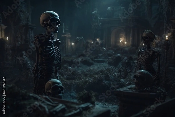 Obraz Human skeleton in the cemetery. Halloween. Generative AI.