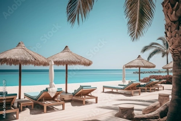 Obraz Empty luxury resort umbrellas. Generate Ai