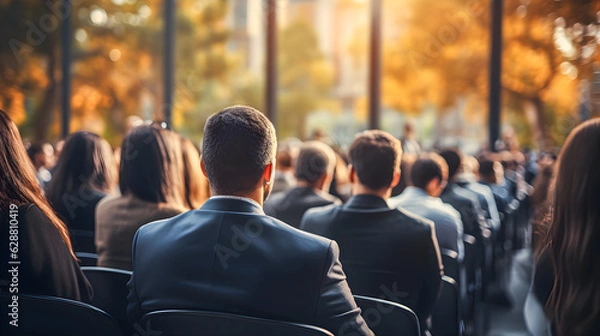 Obraz Business people sitting as an audience at a business convention or event in a meeting room listening to a lecture. Back view and blurred background with copy space
