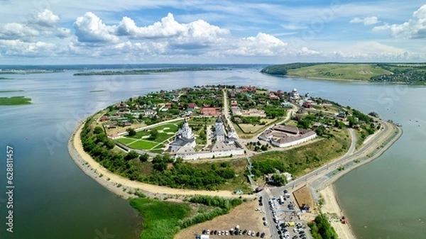 Fototapeta Aerial view of Sviyazhsk Island-city, Republic of Tatarstan. An island at the confluence of the Sviyaga with the Volga.