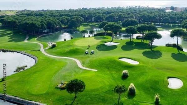 Fototapeta Top view of two men playing golf on a sunny summer day. Aerial view of the green golf course. Hitting the ball with a golf stick. An active type of recreation. Golf car