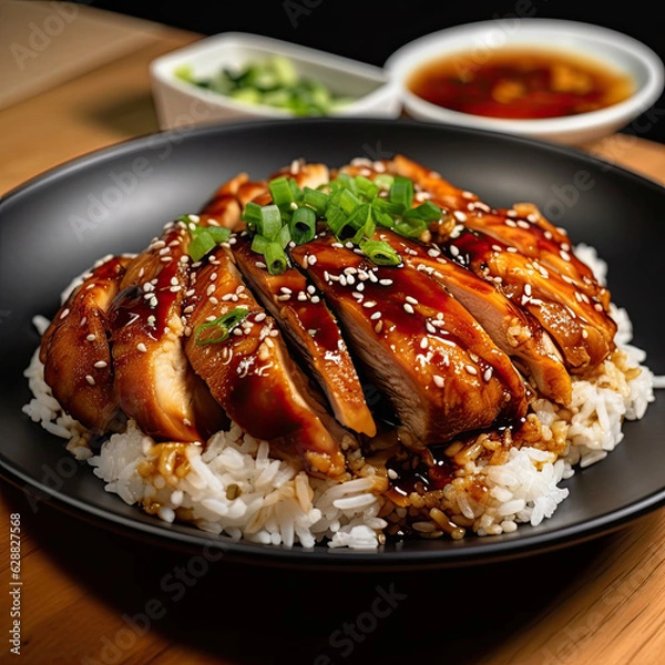 Fototapeta Chinese teriyaki chicken with white rice created with Generative AI technology