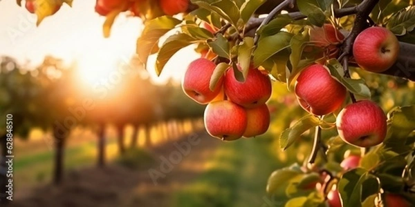 Fototapeta Fruit farm with apple trees. Branch with natural apples on blurred background of apple orchard in golden hour. Concept organic, local, season fruits and harvesting. Generative AI technology.