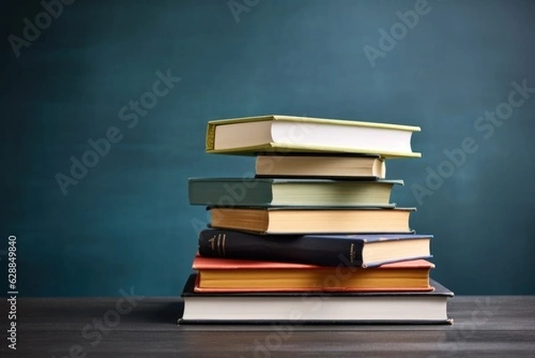 Fototapeta Stack of books and pencils on school table font of blackboard, Ai Generator.