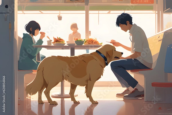 Fototapeta A dog that eats with people. Generative AI
