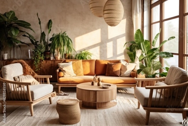 Fototapeta Luxurious living room with wall textures, carpets and nature inspiring details. Modern, fabulous and sleek living room design, led lights and wall paintings