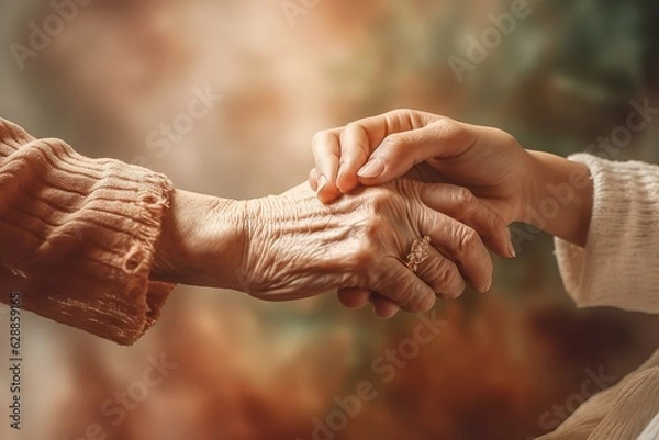 Obraz Senior patient hand holding caregiver for a hand while spending time together. Closeup.