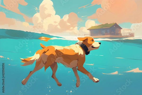 Fototapeta A dog swimming in the sea. Generative AI