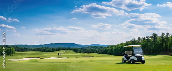 Fototapeta Dzień na polu golfowym, ładna pogoda, piękny układ pola. Wózek golfowy z przodu, golfiści idący do zielonego, niewyraźnego ruchu człowieka. Ręcznie edytowane generatywne AI.