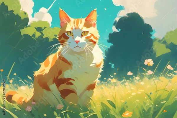 Fototapeta Cat on the meadow. Generative AI