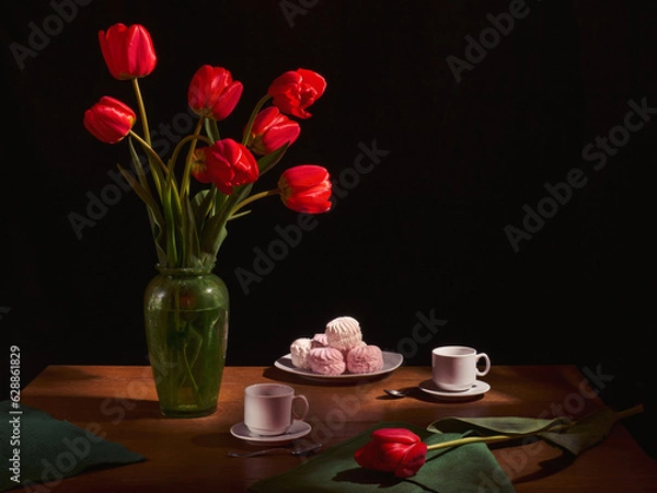 Fototapeta In a dark room, on a wooden table is a green vase with tulips. next to the table are two white cups and a plate of marshmallows