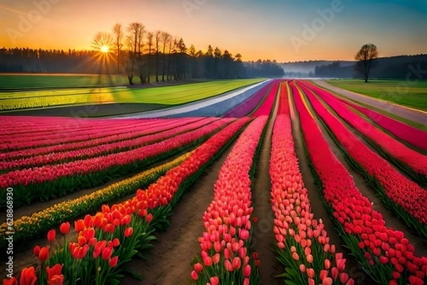 Obraz tulip field at sunset Generated Ai