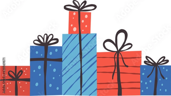 Fototapeta Heap of gift boxes wrapped with bows, hand drawn doodle style