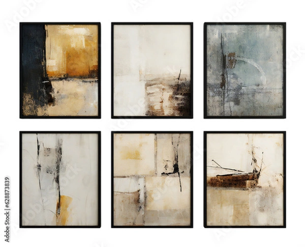 Obraz A set of abstract, butter wall paintings in a black frame. Modern interior design. The minimalist abstraction of calm tues. Six paintings on the wall. Isolated on a transparent background. KI.
