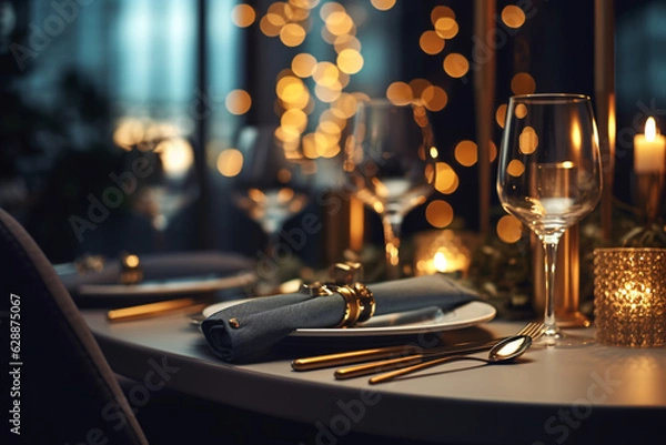 Obraz Elegant table setting with candles in restaurant. Selective focus. Romantic dinner setting with candles on table in restaurant.