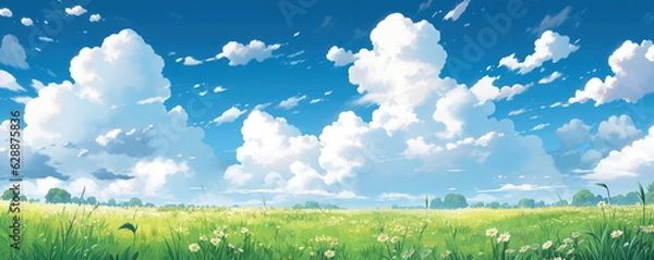 Fototapeta Beautiful grassy fields and summer blue sky with fluffy white clouds in the wind. Wide format. Hand edited generative AI.