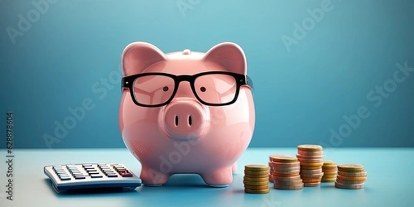 Fototapeta Pink piggy bank with eyeglasses and calculator, concept of savings and investments. Generative AI