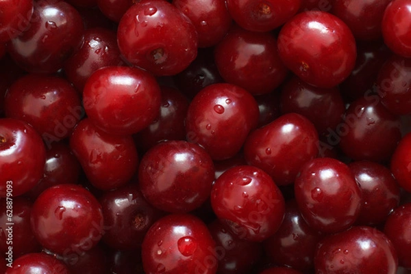 Fototapeta Red cherry berries background. Tasty big ripe cropped berries.