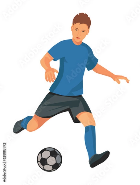 Obraz Figure of a playing football boy in blue uniform running and dribbling at the championship