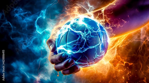 Fototapeta handball, ball in player's hand, energy and power of fast movement, made with Generative AI