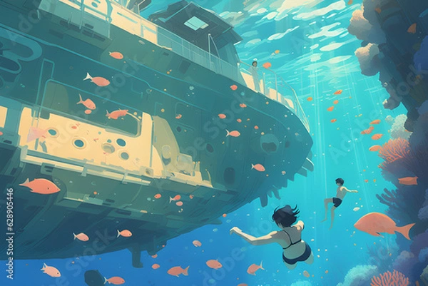 Fototapeta People swimming in coral reefs under the sea.
Generative AI