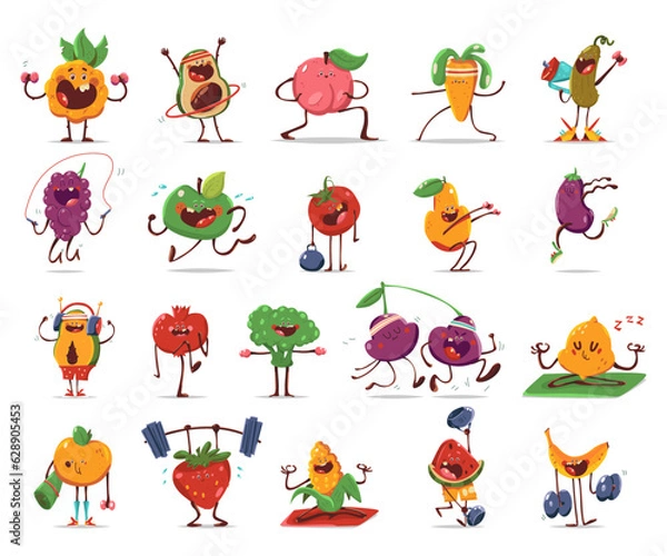 Fototapeta Cute fruits and vegetables doing fitness exercises vector cartoon characters set isolated on a white background.