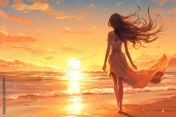 Fototapeta Solitude at Sunset: A captivating anime woman walking to the sun at the beach, Generative AI