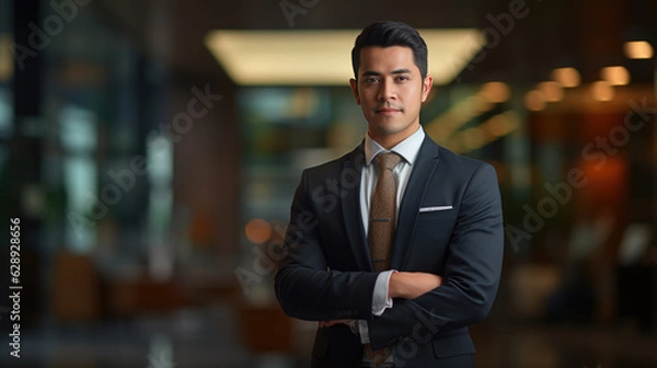Fototapeta Serious and confident businessman stands in a suit against the backdrop of a modern office.