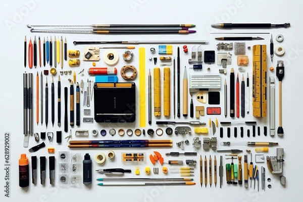 Obraz Collection of architect labor tools on a white background organized 3d illustration