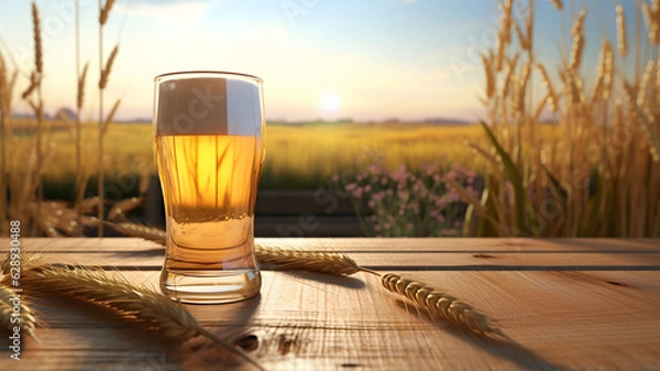 Fototapeta Glass of beer, blond beer, malt grain, in front of a cereal field, homemade beer, local brewery, alcohol, fresh beverage, stout, lagger, packshot of a beer, nature, organic, cold beer