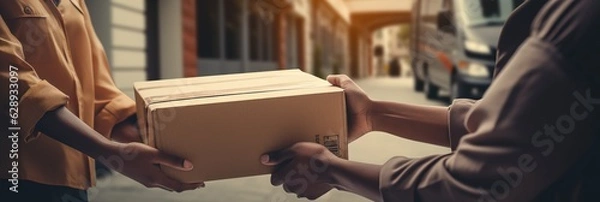 Fototapeta A Close-up Courier handing cardboard Boxes to Customer in front of customer's House, Delivery concept blowing Generated with AI.