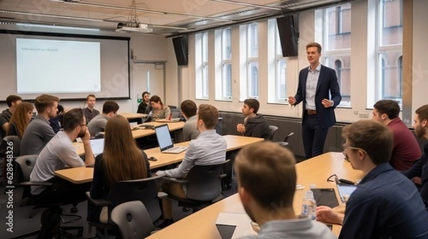 Fototapeta Students are engaged in a dynamic debate in a finance module of an MBA program. Generative AI