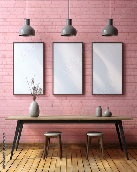 Obraz frames on a wall, Vertical golden frame white blank mockup close up on  wall