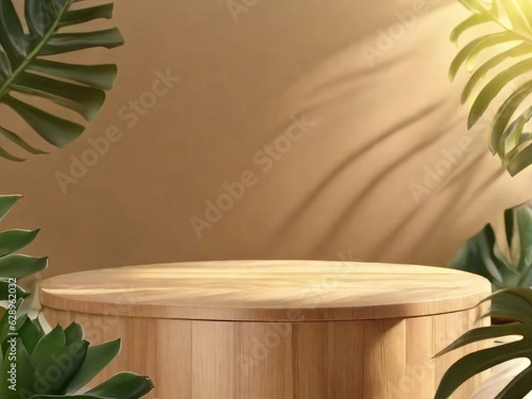 Obraz Rounded wooden Podium on a table with sunlight surrounded by tropical plants. Empty showcase for product presentation.