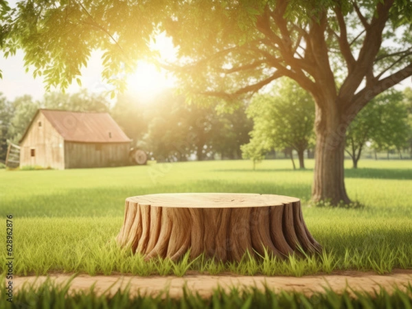 Obraz Tree Table wood Podium for product presentation on nature background with grass, trees, and Sunlight in the morning