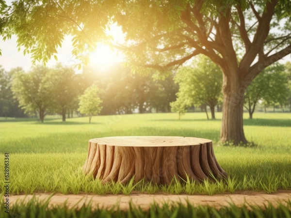 Obraz Tree Table wood Podium for product presentation on nature background with grass, trees, and Sunlight in the morning