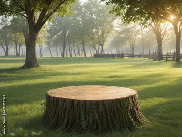 Obraz Tree Table wood Podium for product presentation on nature background with grass, trees, and Sunlight in the morning