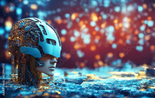 Obraz A detailed illustration of a brain made of a printed circuit board, glowing with a bright blue light.