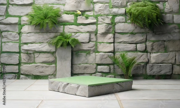 Obraz Natural stone and concrete podium in Moss Bricks background. Empty showcase for packaging product presentation. Background for cosmetic products, scene with green leaves. Mock up pedestal.