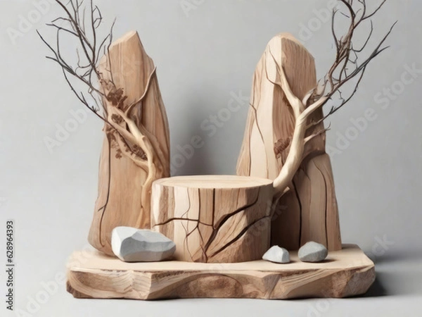 Obraz wooden Podium on a table with sunlight surrounded by plants and rocks. Empty showcase for product presentation.