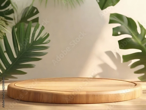 Obraz Rounded wooden Podium on a table with sunlight surrounded by tropical plants. Empty showcase for product presentation.