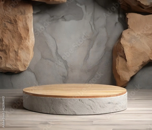 Obraz stone and concrete podium in Bricks background. Empty showcase for packaging product presentation. Background for cosmetic products. Mock up pedestal.
