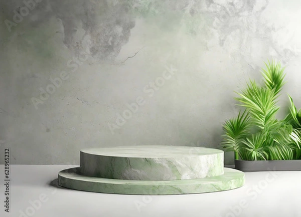 Obraz Natural stone and concrete podium in Moss Bricks background. Empty showcase for packaging product presentation. Background for cosmetic products, scene with green leaves. Mock up pedestal.