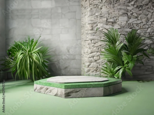 Obraz Natural stone and concrete podium in Moss Bricks background. Empty showcase for packaging product presentation. Background for cosmetic products, scene with green leaves. Mock up pedestal.