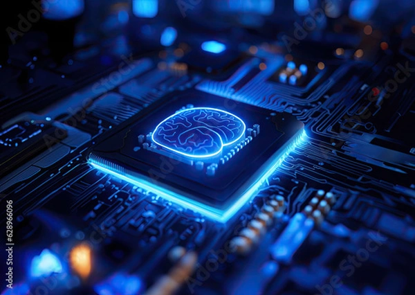 Obraz 3D render of a brain connected to a blue glowing CPU, connected by a shining wireframe circuit board.