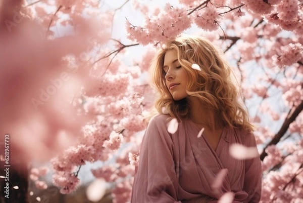 Fototapeta A captivating cinematic snapshot of a solitary woman, standing in contemplative solitude beneath a resplendent Sakura tree in full bloom, radiating ethereal beauty.