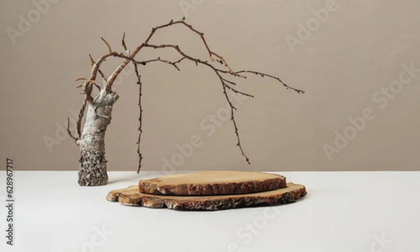 Obraz wooden Podium log on a table with sunlight and plant. Empty showcase for product presentation.