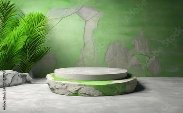 Obraz Natural stone and concrete podium in Moss Bricks background. Empty showcase for packaging product presentation. Background for cosmetic products, scene with green leaves. Mock up pedestal.